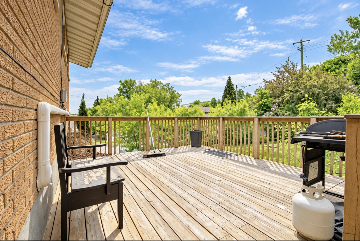 836 Prete Street: elevated rear deck with barbecue grill, bench and mature trees beyond