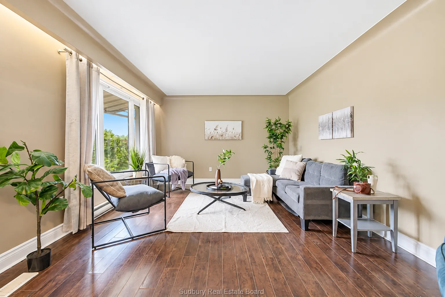 Main-floor apartment: bright living room with hardwood floors and large window