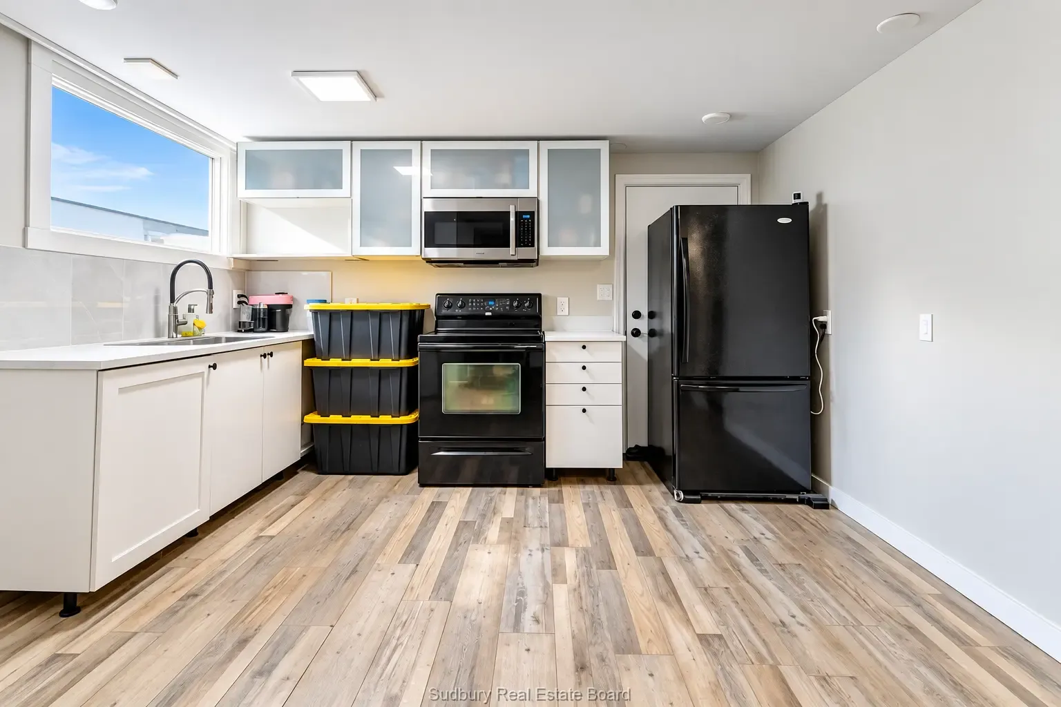 Lower apartment: updated kitchen with vinyl plank floors and black appliances